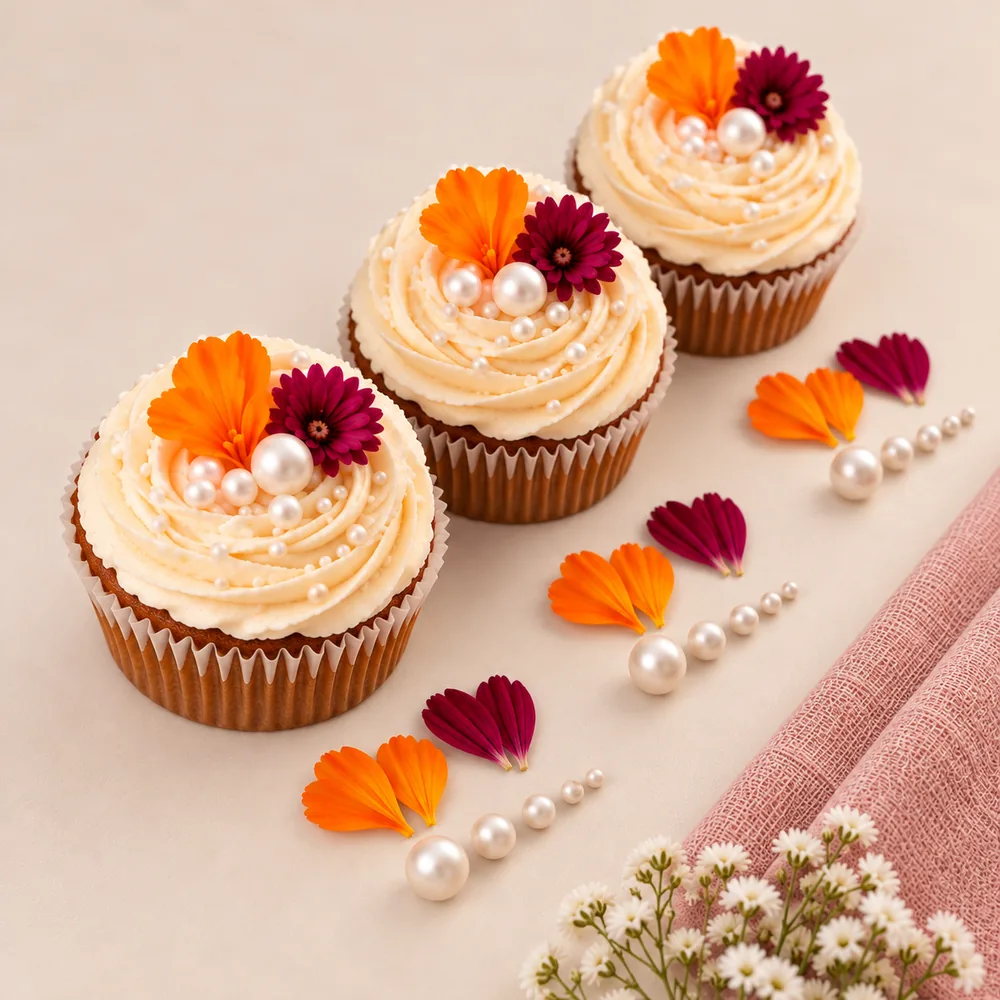 Gros plan sur un cupcake à la crème tourbillonnée, fleur et perles