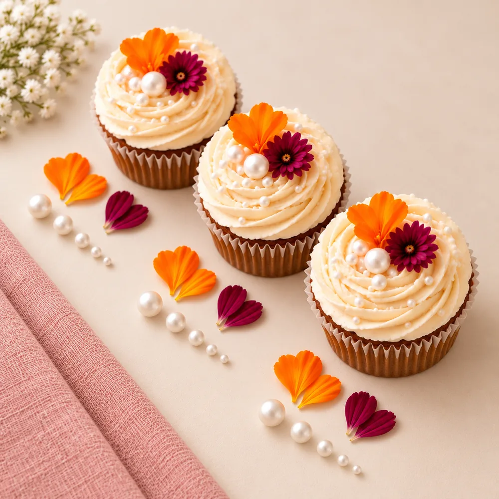 Trois cupcakes en diagonale près d'un bouquet de gypsophile