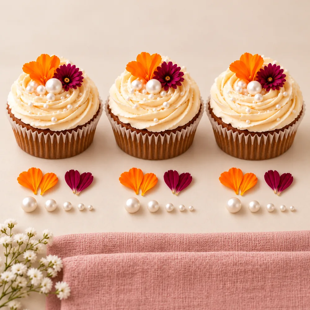 Trois cupcakes à la crème alignés, fleurs comestibles et perles