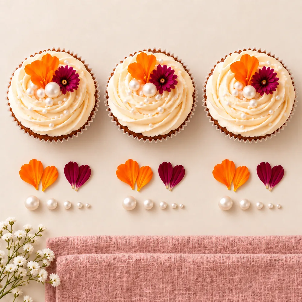 Cupcakes vus du dessus avec pétales et perles